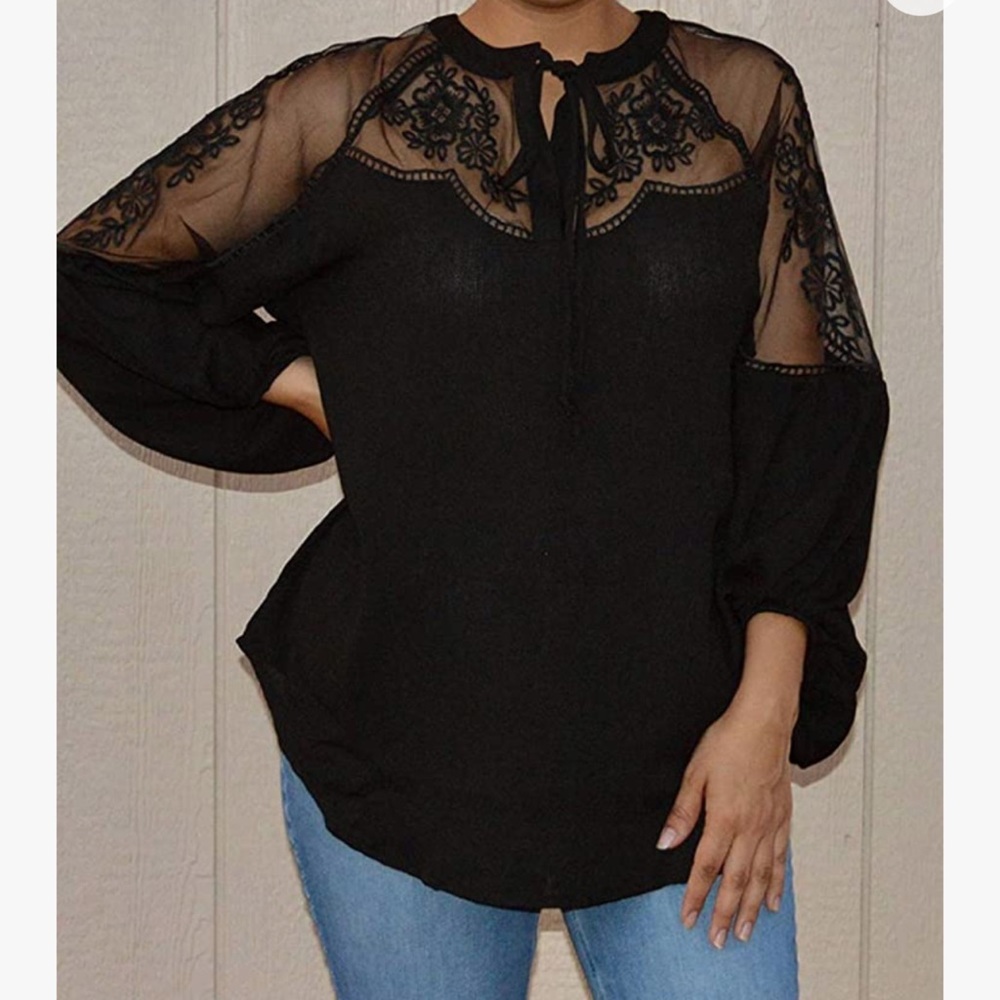 SO ME Crochet Lace Tie Front V Neck Blouse Top